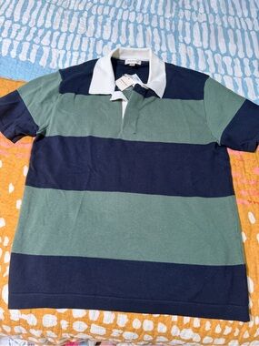 Striped Short-Sleeve Polo in Green & Navy with White Collar
